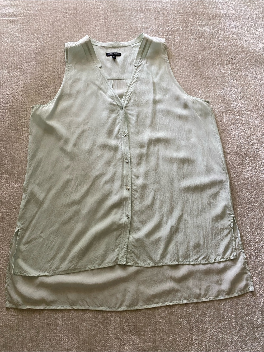 Eileen Fisher Sleeveless Button-Front Hi-Lo 100% Silk Tunic in Light Sage Green